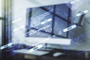 Multi exposure of abstract creative coding sketch with world map on modern laptop background, artificial intelligence and neural networks concept