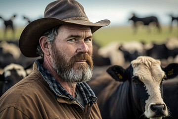 Male rancher on a farm, with cows. generate by ai