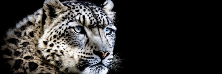 Fototapeta premium Close up of a snow leopard, on black background. Image created with generative ai