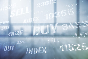 Fototapeta premium Abstract virtual financial graph hologram on empty corporate office background, forex and investment concept. Multiexposure