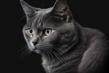 Studio picture of a grey cat with a dark background. Generative AI