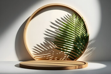 Wooden round empty platform display with fern leaves light shadow white background for product showcase, copy space, advertising, design