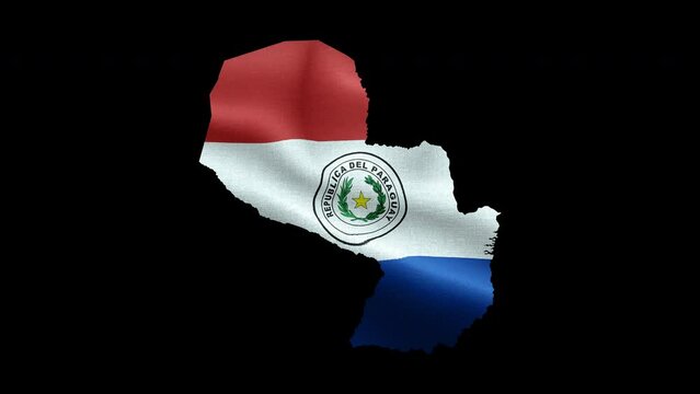 4K waving national flag of Paraguay on the map. Loop alpha channel seamless Paraguayan flag on territory. Outline geographic country border of Paraguay stock video.