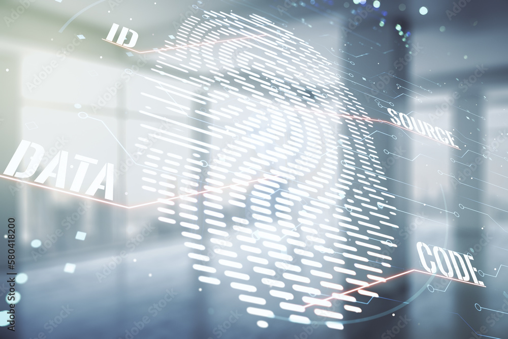 Poster multi exposure of virtual fingerprint scan interface on empty modern office background, digital acce
