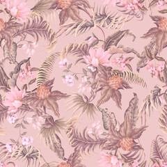 Seamless pattern with tropical leaves, plants and flowers. Vector.
