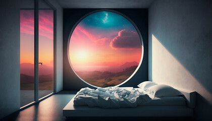 Futuristic healing time Bedroom with a big round window looking out to a colorful evening mood landscape, spiritual colors, blue and pink, Generative AI