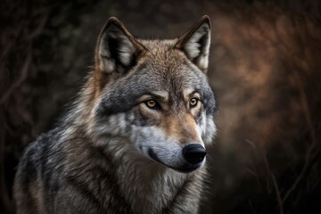 Naklejka na ściany i meble Portrait of a Grey Wolf (Canis lupus) in a zoo. Generative AI