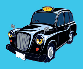 Classic black london taxi cab drawn in vector isolated. Old fashioned black taxi car without people inside shown from the front, one side view - obrazy, fototapety, plakaty