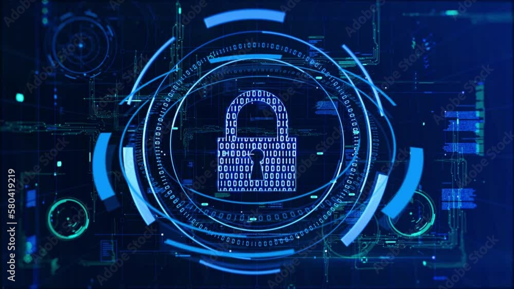 Poster cyber security and protection of private information and data concept. locks on blue integrated circ
