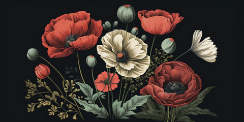 Vintage botany poppy flowers and green leaves on black background. Generated AI.