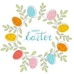 Easter round frame with outline eggs and twigs. Colorful greeting card.Happy Easter hand lettering text.