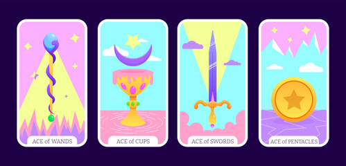 Tarot flat cartoon ace set Taro the Minor Arcana, aces of wands, pentacles, cups and swords. vector illustration. pack of spiritual signs with esoteric magic and astrology symbols. Isolated colored