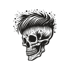 Hipster skull with hair. Hand drawn vintage engraving style woodcut vector illustration.
