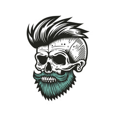 Hipster skull with hair and beard. Hand drawn vintage engraving style woodcut vector illustration.