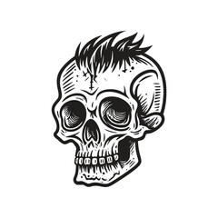 Hipster skull with hair. Hand drawn vintage engraving style woodcut vector illustration.