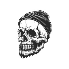 Hipster skull with beanie. Hand drawn vintage engraving style woodcut vector illustration.