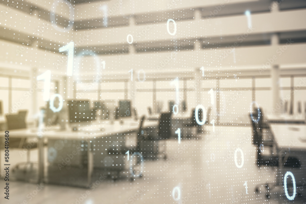 Aufkleber Abstract virtual binary code sketch on a modern furnished office interior background, hacking and matrix concept. Multiexposure