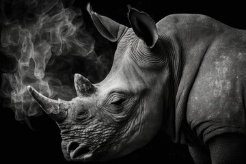 Portrait of a rhinoceros on a black background for adverb or website, webshop. Photo smoke rhino. Generative AI