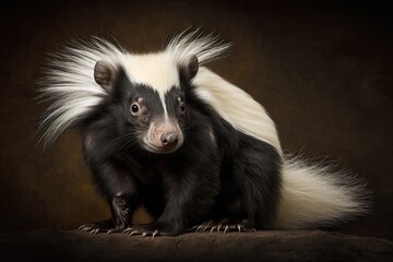 Fototapeta na wymiar Portrait of a Humboldt's hog nosed skunk in an attack position, looking straight at the camera and showing its fluffed tail and body hair. Generative AI