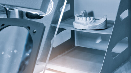 Close-up on plaster model of artificial jaw with teeth. Orthodontic equipment. Device for working with dentures.