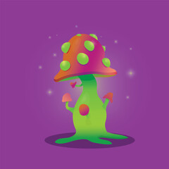 Mushroom trippy hallucinogen Fantasy fairy magic fungus with red caps. Fantastic alien planet vibrant colors mushroom with luminous, fluorescent violet dots, cartoon vector fairy poisonous toadstool