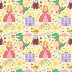 Princess seamless pattern with prince, dragon, castle, rainbow in scandinavian style. Creative vector childish background for fabric, textile, poster, clothing, nursery wall art and card. EPS