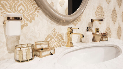 Retro classical style Bathroom interior with sink and golden. faucet