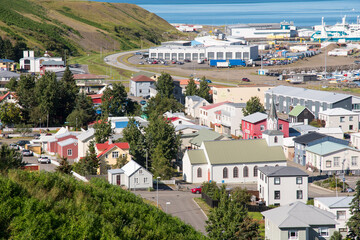 Obraz premium View over town of Saudarkrokur in North Iceland
