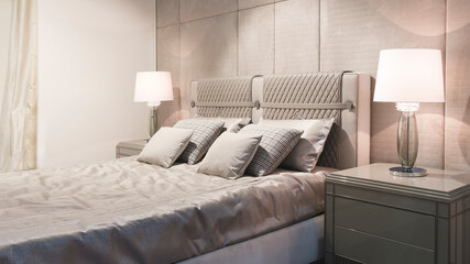 Fototapeta Big comfortable bed in hotel room obraz