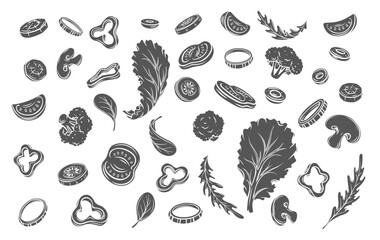 Salad vegetables fly in air glyph icon vector illustration. Silhouette of fresh sliced food ingredients cut into pieces fall, mix slices and leaf for summer Mediterranean diet and healthy salad menu
