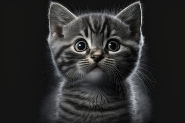 Obraz premium Portrait of a gray kitten with a happy face, on a black background by itself. Generative AI