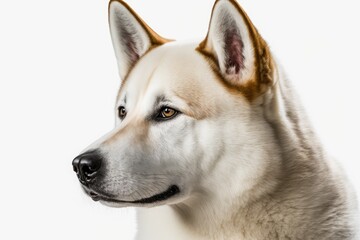 Portrait of a white Akita inu dog panting, head shot, isolated on white. Generative AI