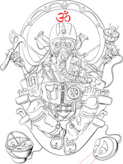 Fototapeta na wymiar Outlines of picture with indian god with head of elephant - Ganesha wearing a jet pilot uniform and with robotic hands. Has a lot of details and attributes.