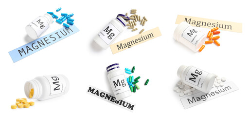 Set of bottles with magnesium pills on white background