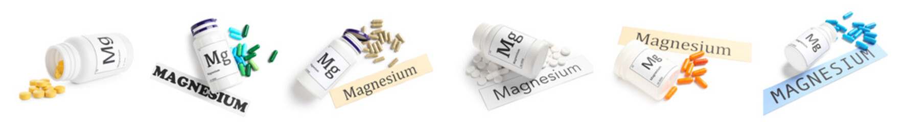 Set of bottles with magnesium pills on white background