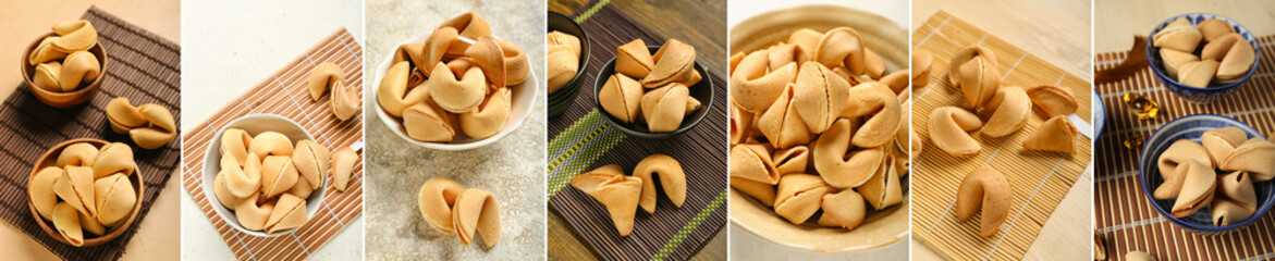 Collage with many tasty fortune cookies