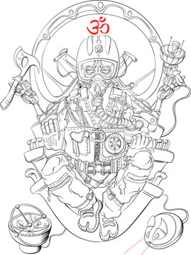 Outlines of picture with indian god with head of elephant - Ganesha wearing a jet pilot uniform and with robotic hands. Has a lot of details and attributes.