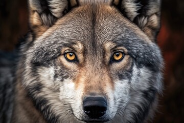 Fototapeta premium Portrait of a gray wolf up close. Generative AI