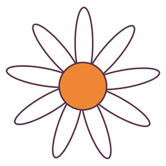 Retro 70s Groovy Hippie sticker daisy flower. Psychedelic cartoon element -funky illustration in vintage hippy style. Vector flat illustration for banner, flyer, invitation, card.