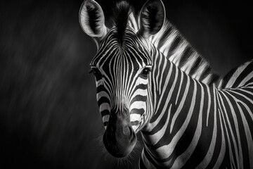 Fototapeta na wymiar Portrait of a zebra in black and white. One of a kind wild animal looking right at the camera. A curious animal talking. big nose Cute and funny looking zebra eyes are in focus with a shallow depth of