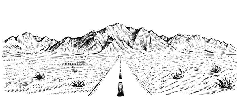 Road desert panorama with the mountain range, vector landscape. Black and white sketch of the roadway panorama.