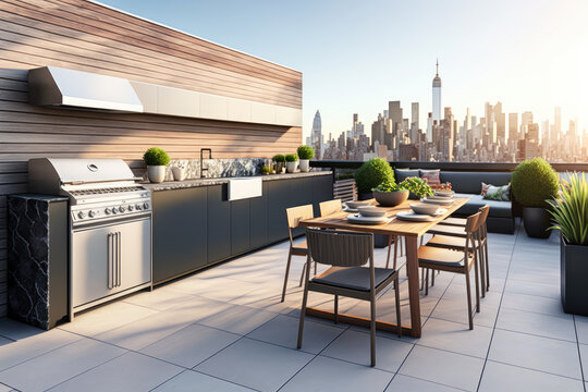 A modern and sleek rooftop barbecue area with a stunning cityscape view and sleek furnishings, perfect for high-end urban living - Generative AI
