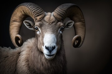 Portrait of a wild ram with big horns, a mouflon, a mountain sheep, or any other animal with horns. Generative AI