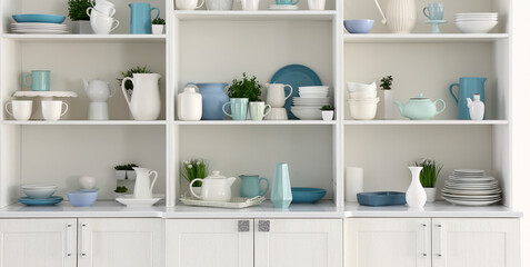 Open cupboard with clean dishes in kitchen