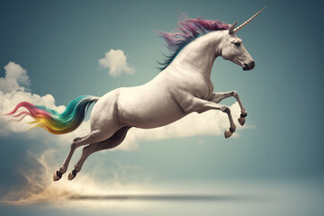 Naklejka na ściany i meble A unicorn jumping over a rainbow Generative AI