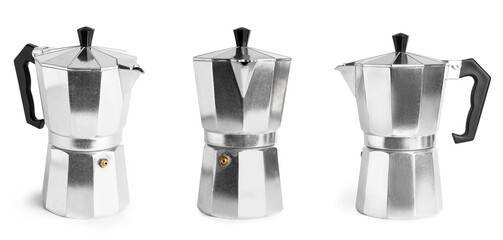 Collage of geyser coffee maker on white background