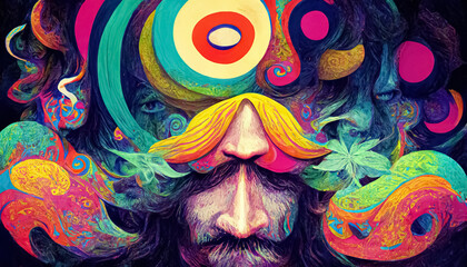 Psychedelic trippy LSD or magic mushrooms hallucinations hippie concept design. Generative AI