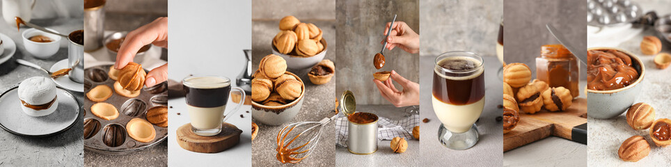 Collage of sweet condensed milk with tasty walnut shaped cookies, zefir and cafe bombon drink on grunge background