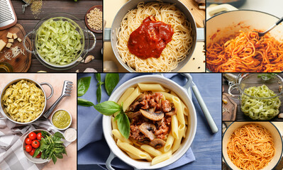 Collage of cooking pots with tasty boiled pasta on table