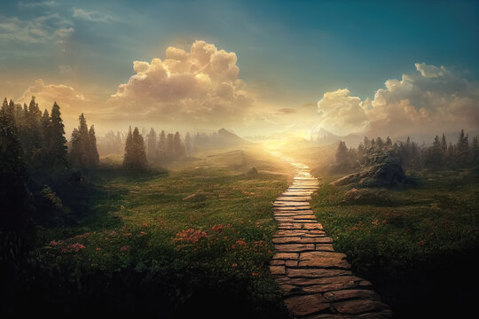 Beautiful dramatic mysterious landscape with spiritual pathway to heaven. Generative AI